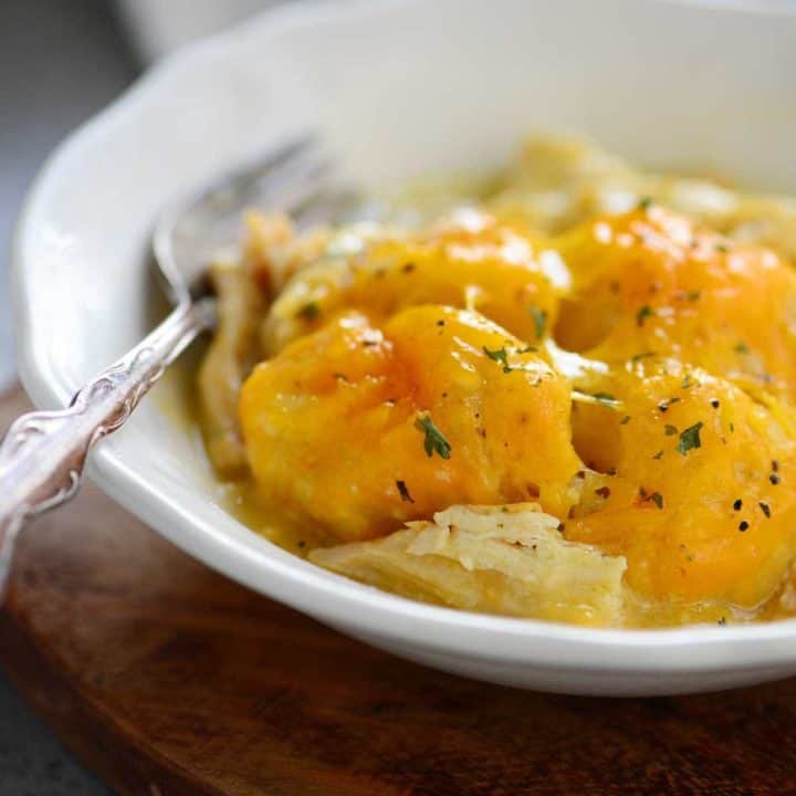 Slow Cooker Garlic Herb Cheesy Chicken Dumplings