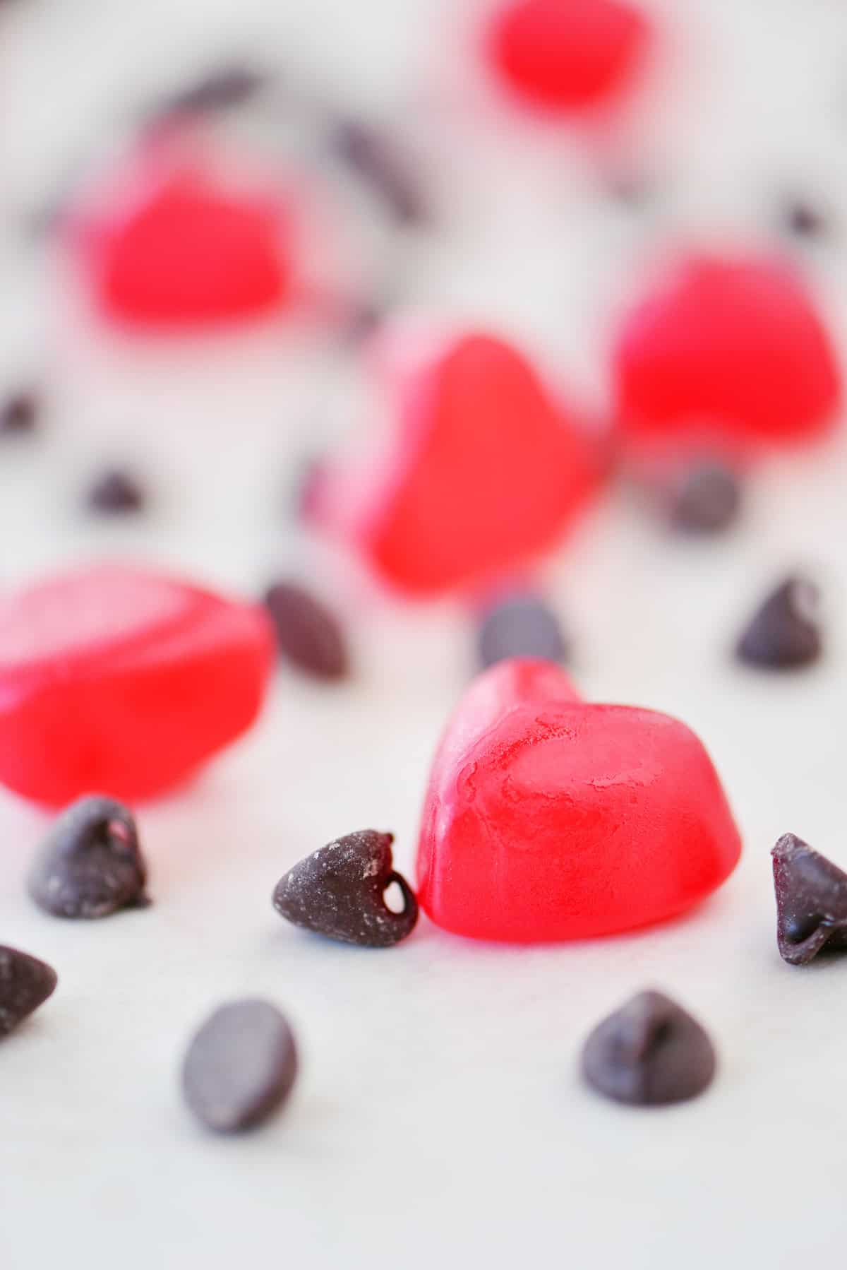 Gummy hearts and chocolate chips.