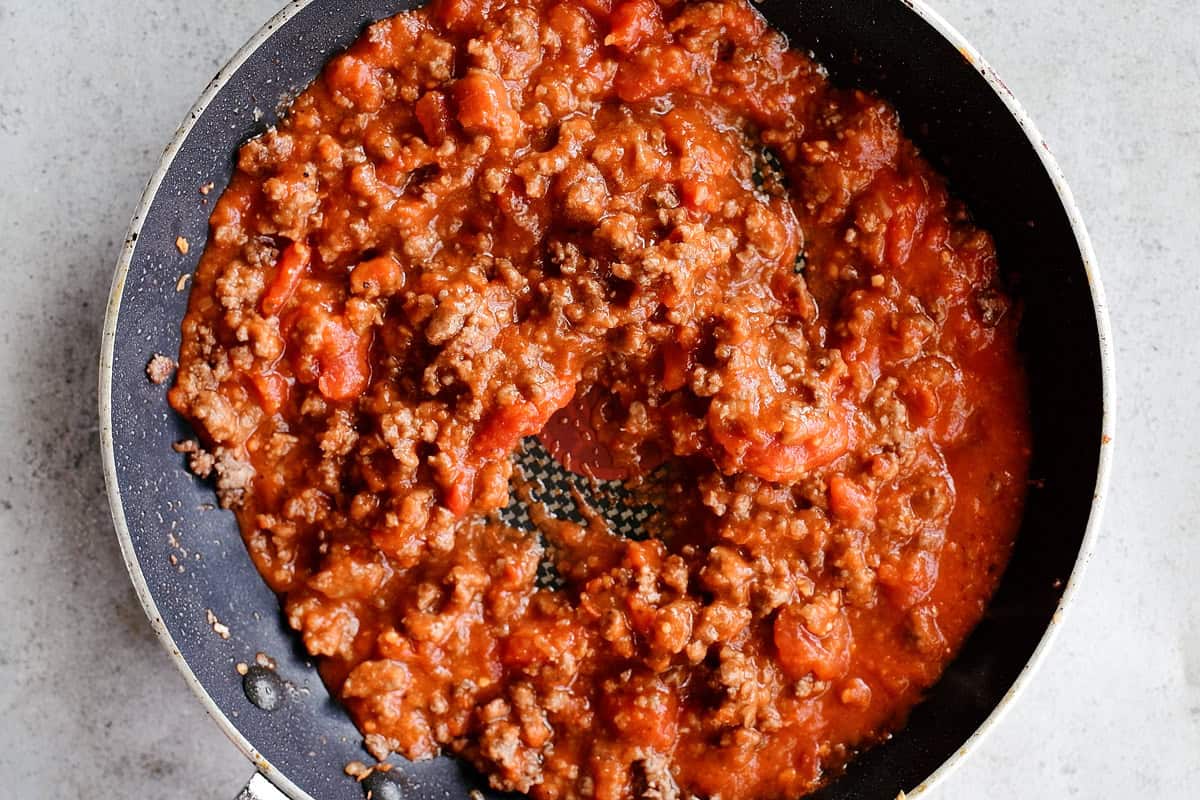 Meat sauce in a skillet.