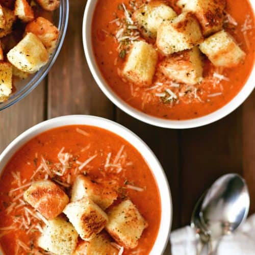Pizza Soup with Homemade Croutons - The Gunny Sack