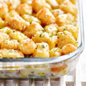 Tater tot casserole in a pan.