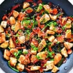 Teriyaki chicken in a skillet.