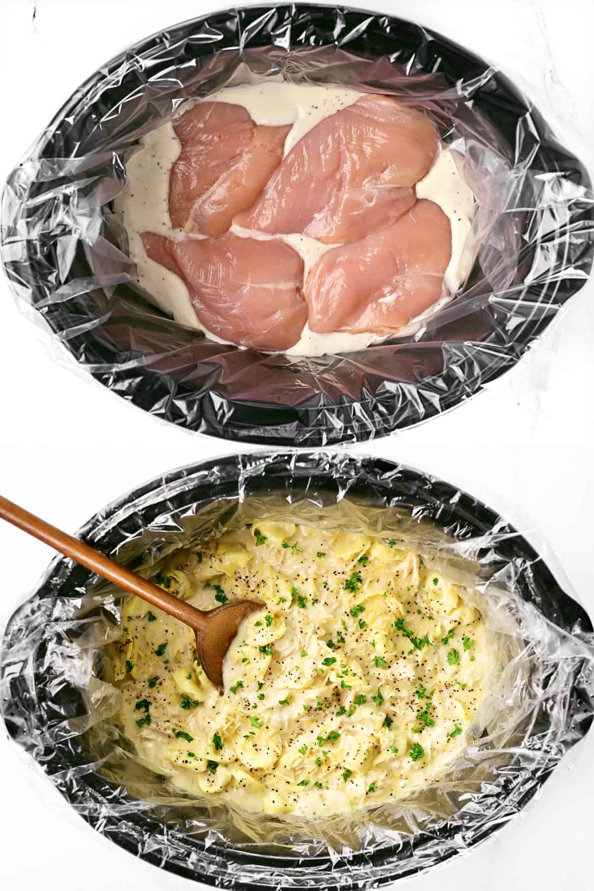 Before and after of crockpots holding chicken alfredo tortellini.