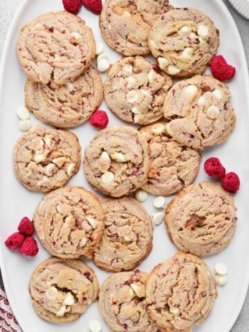 Raspberry cheesecake cookies on a platter.