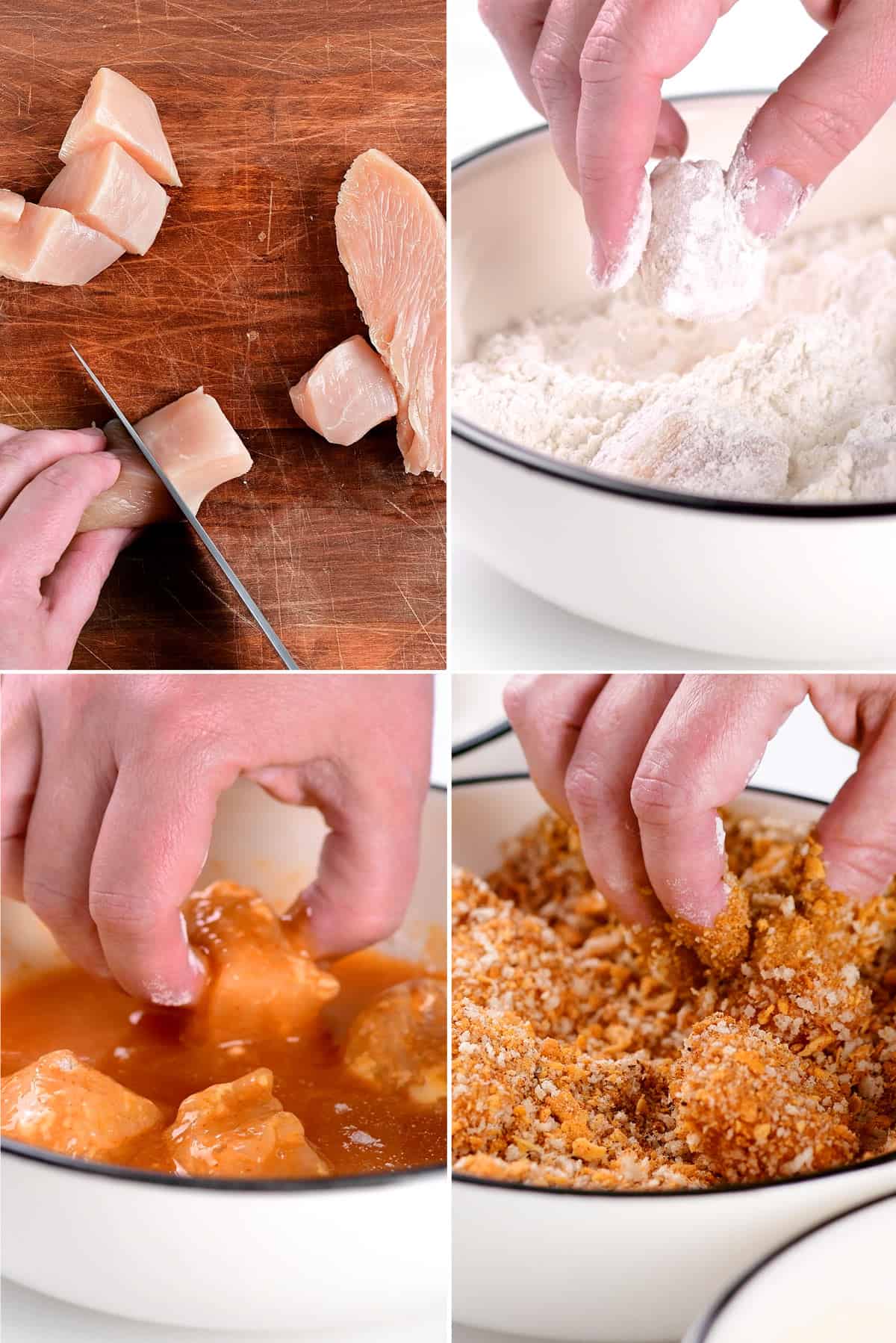 Steps for making spicy chicken nuggets.