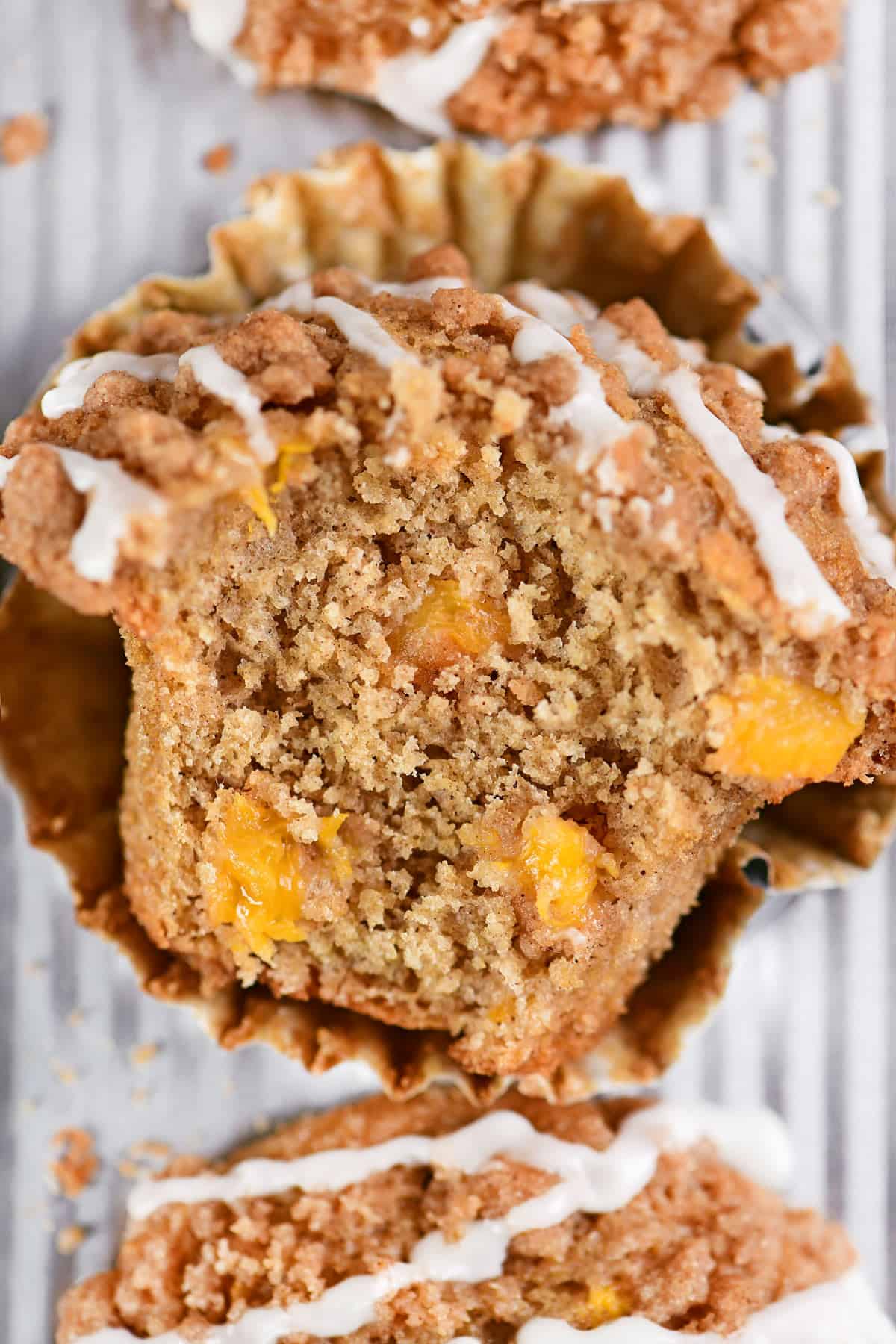 Peach muffin cut in half.