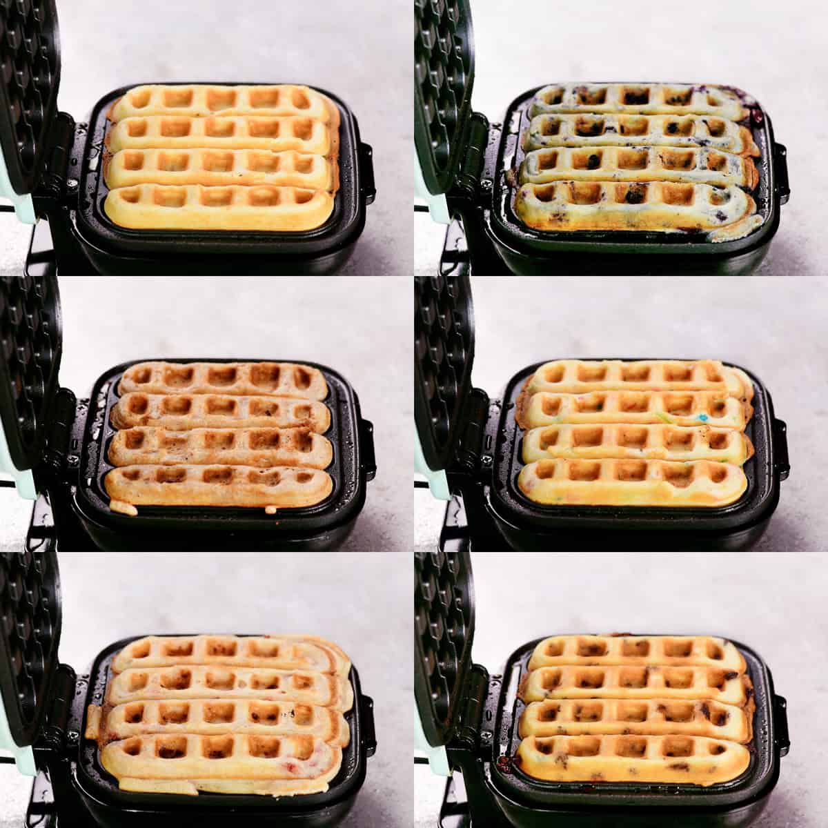 Six flavors of waffle sticks in waffle irons.