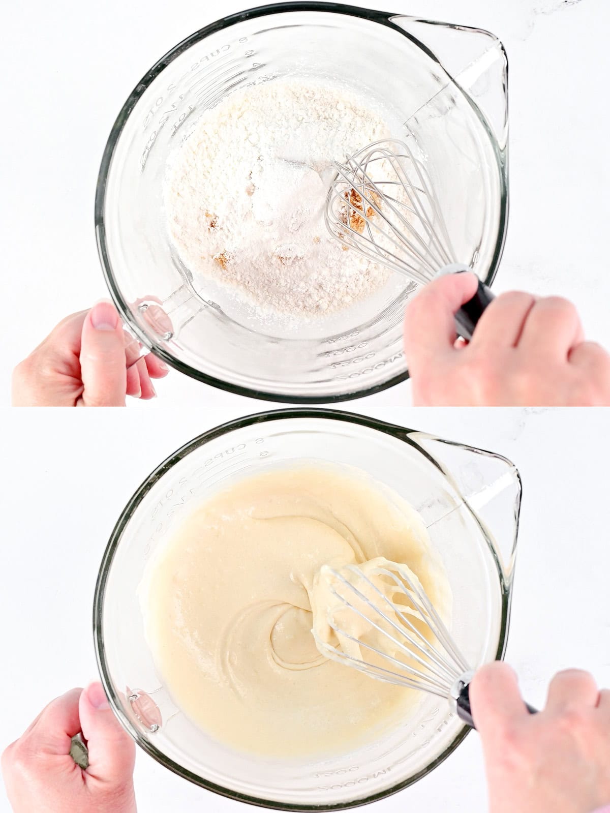 Whisking batter in a glass bowl.