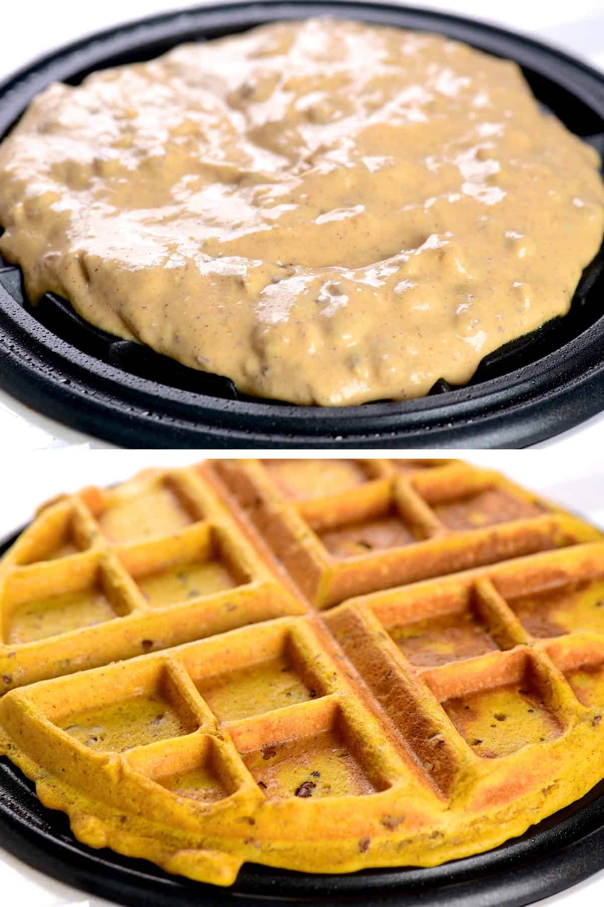 Cooking pumpkin waffles on waffle iron.