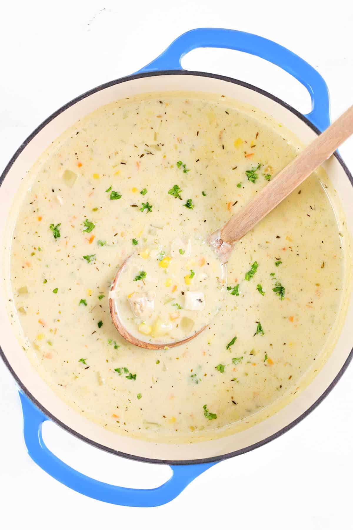 Thanksgiving soup in a blue Dutch oven.