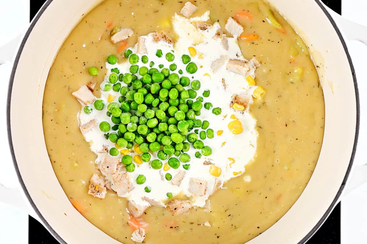 Pot with peas, turkey, corn, and soup.