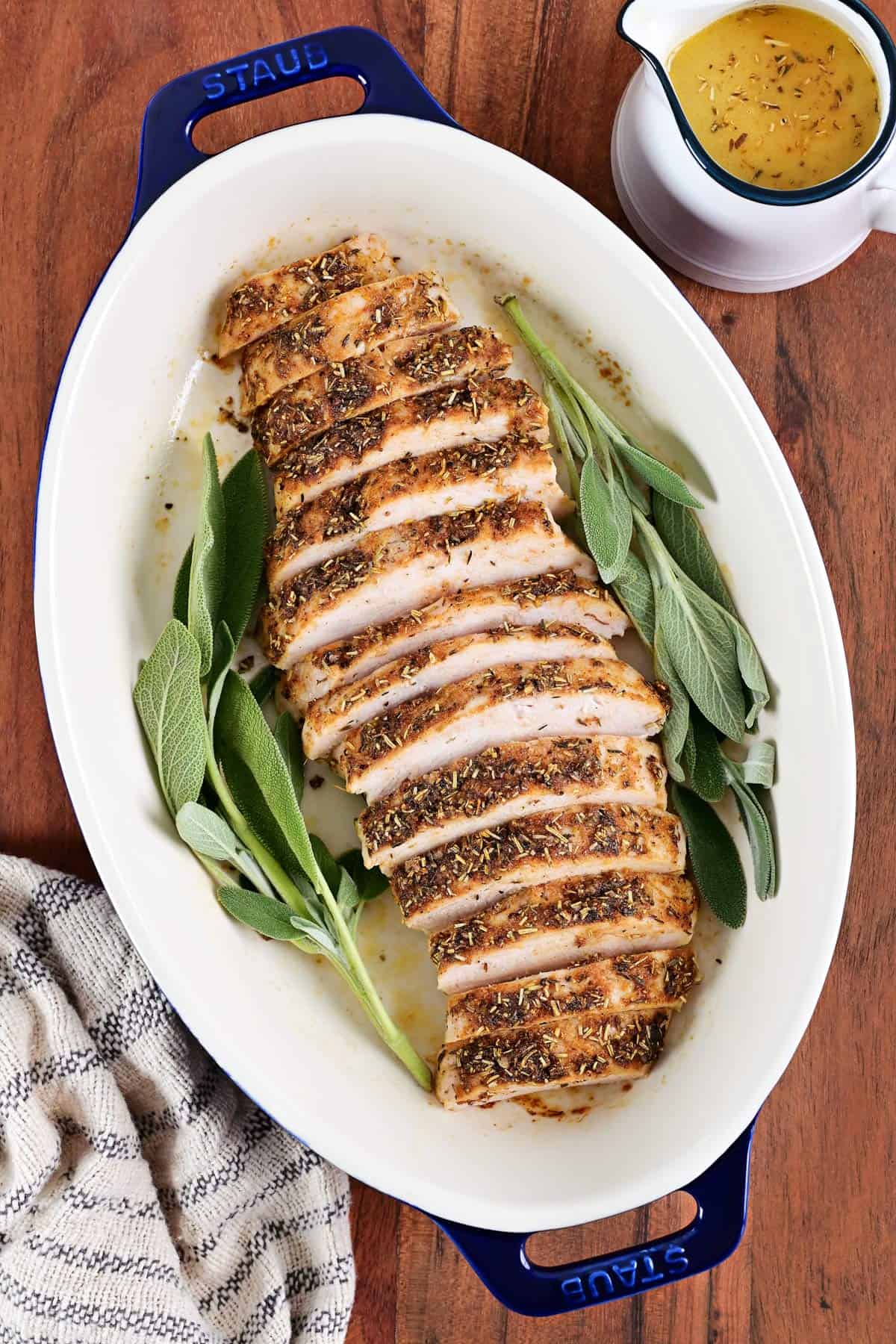 Sliced, seasoned turkey tenderloin on a platter.