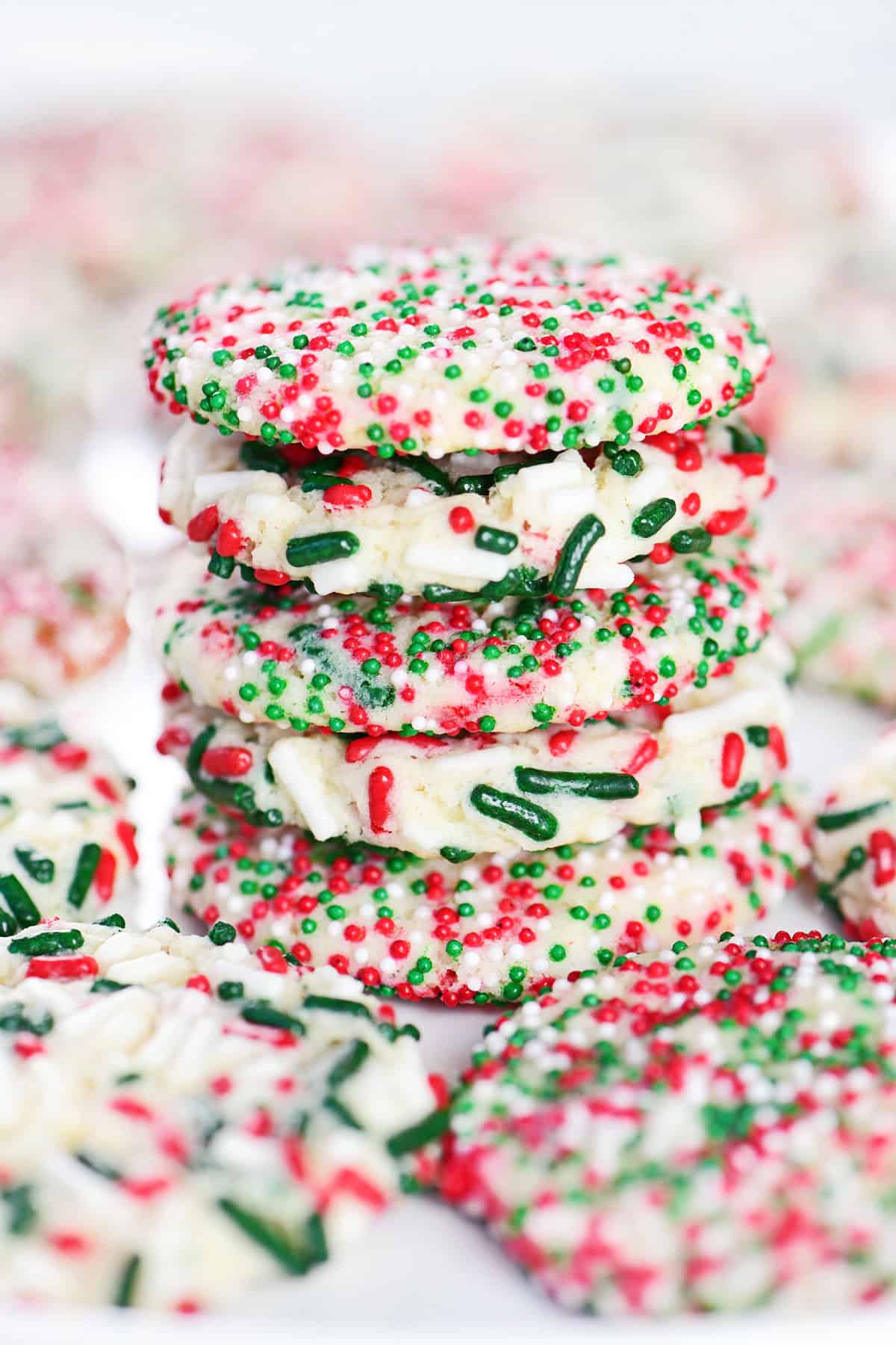 Sprinkles sugar cookies stack.