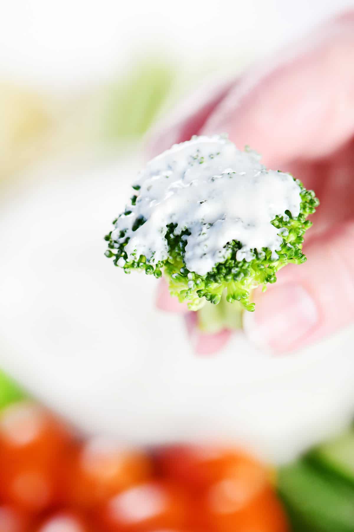 Broccoli with dressing on it.