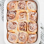 No yeast cinnamon rolls in a pan.