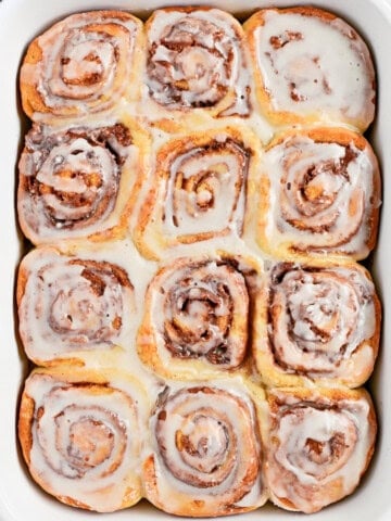 No yeast cinnamon rolls in a pan.