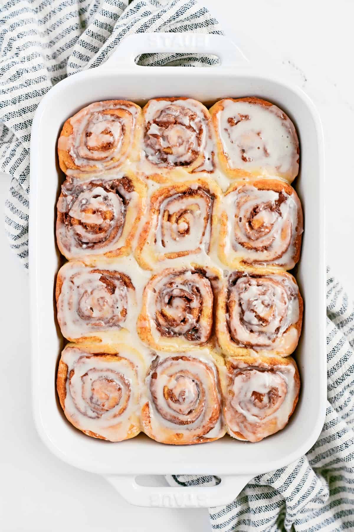 No yeast cinnamon rolls in a pan.